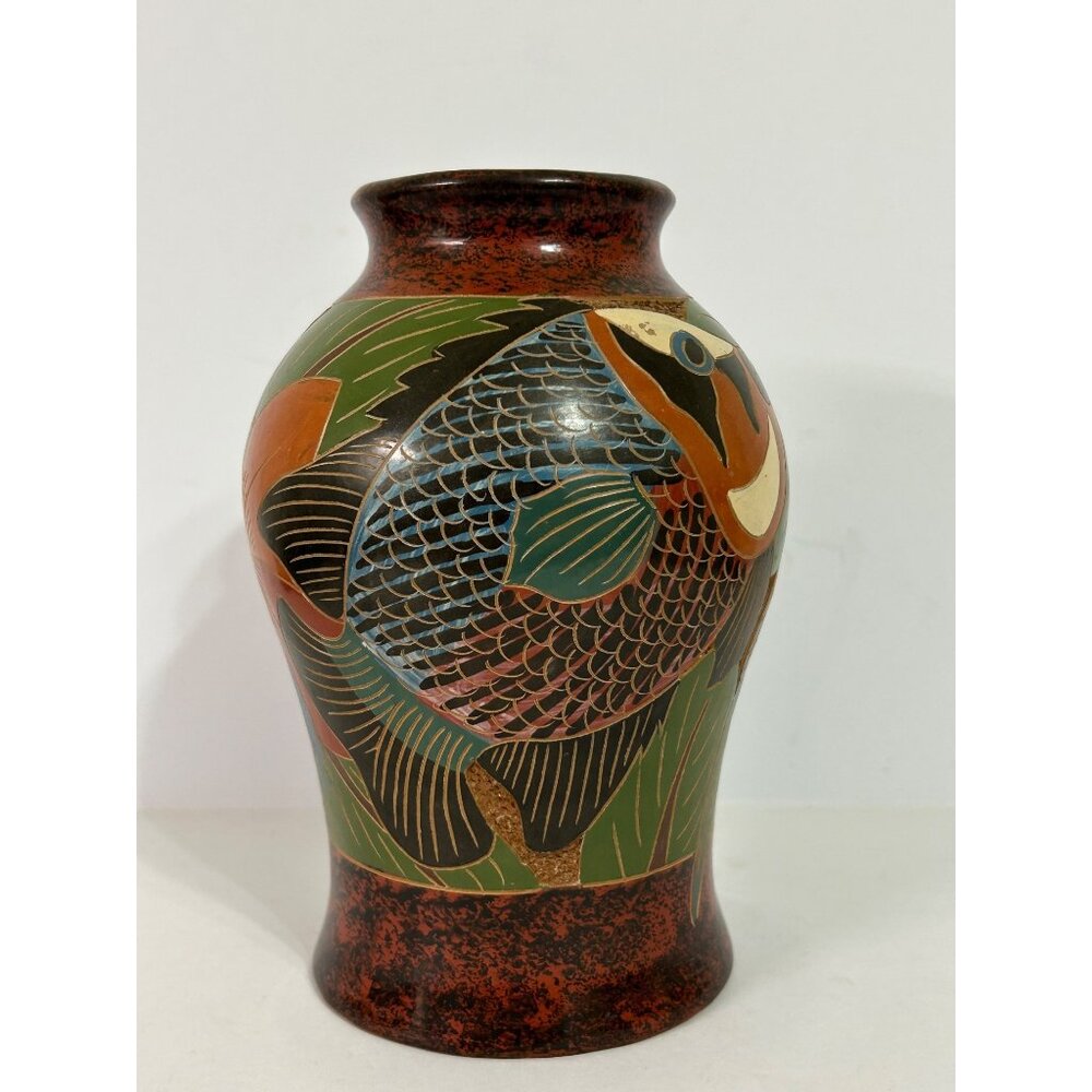 Handcrafted Ceramic Folk Art Vase Parrot & Fish Design Green Blue Red Cost Rica - Picture 4 of 10